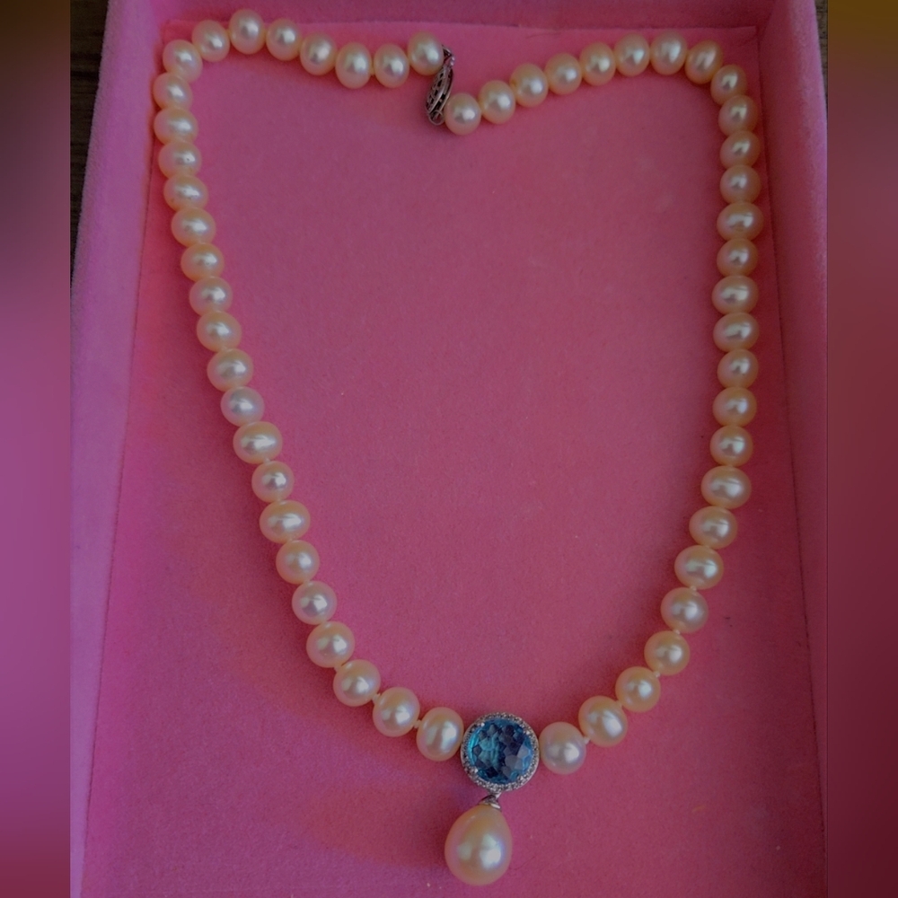 Helzberg Diamonds Cultured Pearl Choker Necklace With Blue Topaz Pendant